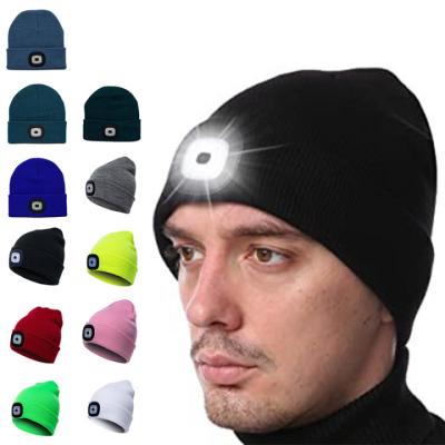 China Logo Customized Embroidered COMMON 4 Led Running Hat Beanie Headlamps Outdoor Winter Led Light Button Button Battery for sale