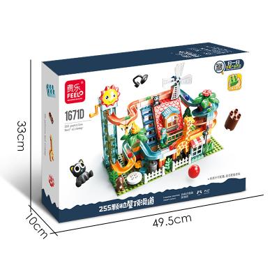 China FEELO 255 pcs Eco-friendly Material Science and Education Building Blocks Boxed Building Blocks Electric Slide Children's Roof Gift for sale