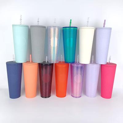China American Style September Promotion ! 24oz Grid Tumbler with Straw and Lid Double Wall 710ml Plastic Tumbler for sale