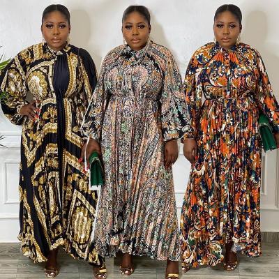 China Washable Pleated Long dress Floral Print Robe Plus size maxi Luxury gown Top Fashion miyake robe maxi slik women american African dress for sale