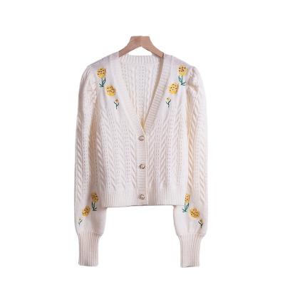 China Anti-wrinkle Women V-Neck Single Row Long Sleeve Floral Embroidered Sweater Women Flower Finish Sweater Dress White Women Sweater Dress for sale
