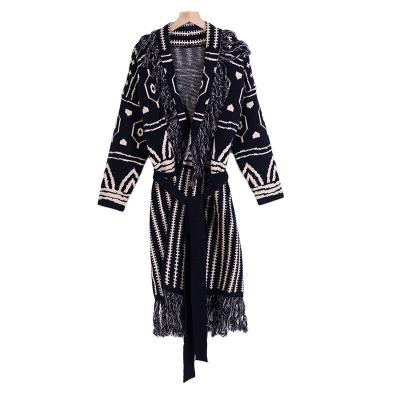 China Anti-wrinkle Winter Fringed Waist Banded Long Jacquard Ladies Knit Custom Cardigan Knitted Over Size Women's Sweater Dress for sale