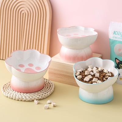 China 2022 Automatic Cat Claw Design Ceramic Pet Large Cute Bowl To Protect Food Water Feeder Cervical Bowl For Pet for sale