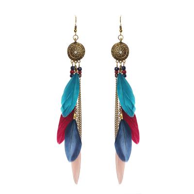 China FASHIONABLE Multi Chain Bohemia Ethnic Feather Retro Tassel Retro Fewather Long Style Feather Earrings Creative Jewelry For Women for sale