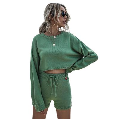 China 2021 Drops QUICK DRY solid crew neck knitted two piece crop top women sweater set for sale