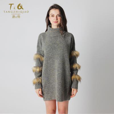 China Anti-Shrink Women Custom Turtleneck Poncho Sweater With Fur Ladies Knitting Long Winter Poncho for sale