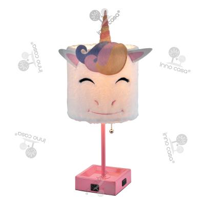 China BKLT-PV6 China Manufacturer Modern Brown Metal Plush Cartoon Reading Unicorn Table Lamp With Plush Shade USB Port AC Outlet for sale