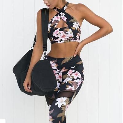 China Women Breathable Compression Elastic Butt Lift Sublimation Printed Yoga Wear Set Quick Dry Fitness Leggings Bra Yoga Set for sale