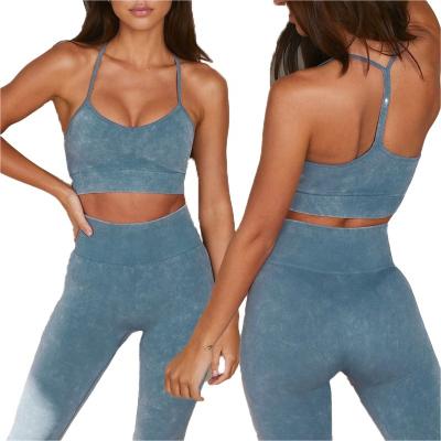 China Women Breathable Sportswear Fitness Suit Workout Active Gym Clothing Long Sheath Crop Top Acid Wash Yoga Seamless Ribbed Set for sale