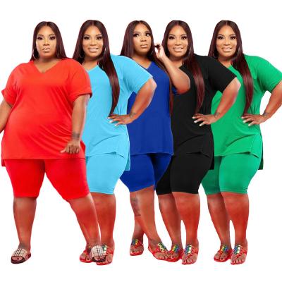 China 2021 Summer Hot Selling QUICK DRY Solid Color Shorts Women's Clothing Casual V-Neckline Plus Size Women Clothing Set Short 2 Pieces for sale