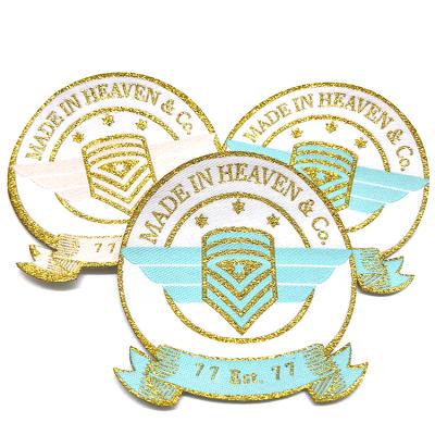 China Custom Brand Viable Factory Logo Woven Patches Fabric Path With Glitter Edge for sale