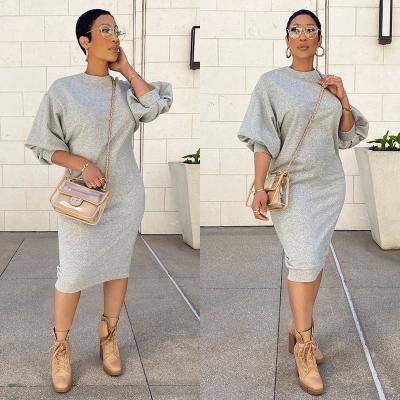 China Custom Made Washable Solid Fall OEM Long Sleeve Plain Round Neck Elegant Ladies Midi Casual Dresses With Side Pocket Plus Size Sweater Dresses for sale