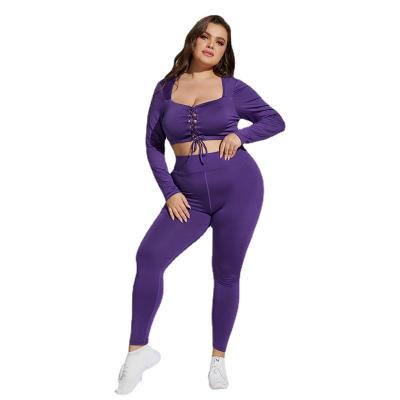 China Customized Solid Color Breathable Plus Size Yoga Wear Plus Size Fitness Wear Bandage Set Long Sleeve Square Collar Pants 2 Piece Set for sale