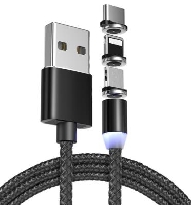 China Hot Selling Cell Phone 1M 3 in 1 Mobile Phone Led Magnetic Charging Cable 360 Degree USB Nylon Braided Micro Data Phone Line for sale