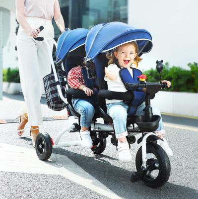 China New Arrival High Quality Push And Recycle For Babies Twins With Double Seat Baby Tricycle Tandem for sale