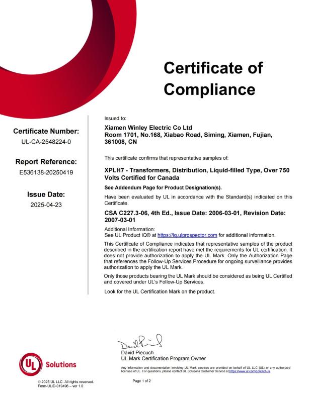 cUL certificate - Xiamen Winley Electric Co.,Ltd