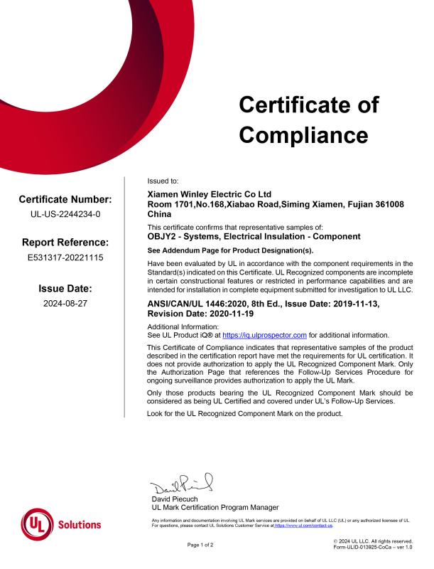 UL certificate - Xiamen Winley Electric Co.,Ltd