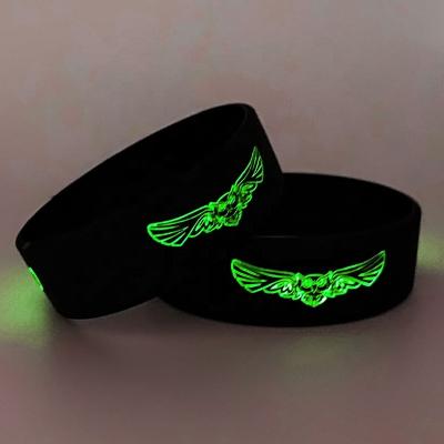China All Personalized Ink Injected print embossed Custom Fluorescence logo glow Rubber bracelet Silicone Wristband for sale