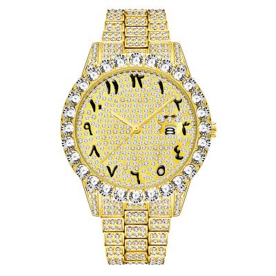 China Full Date Automatic Arabic Font Drill Quartz Watch With Big Dial Hip Hop Jewelry Men Watch for sale