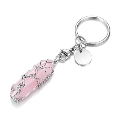 China Natural Healing Anti-lost Crystal Tree Of Life Key Chain Hexagon Crystal Gemstone Points Pendant Key Chain Wrapped Crystal Key Ring for sale