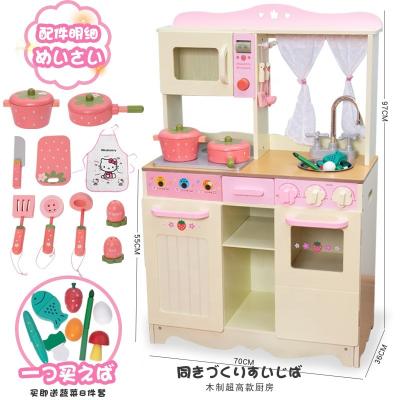 China Pretend Play Toys Custom Wooden Pretend Play Kitchen Set Simulation Cabinet Fridge Microwave Deluxe Cooking Toys For Toddler Kids 1-3 Years Old for sale