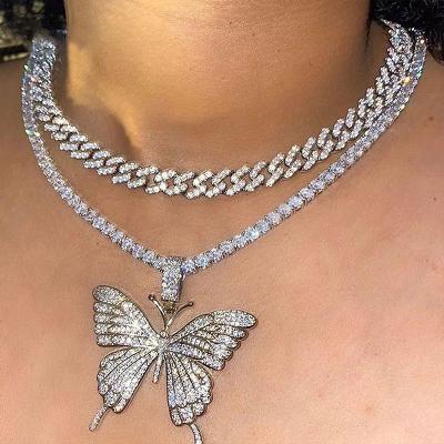 China The Other Large Double Layer Explosive Cuban Butterfly Full Diamond Thick Chain Necklace for sale