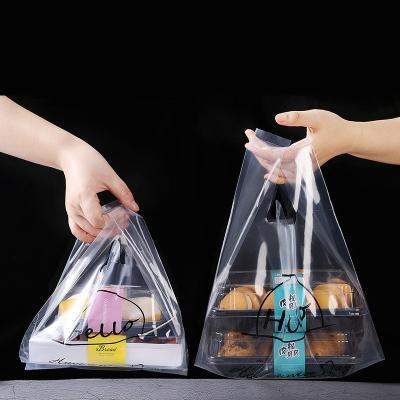 China Recyclable Transparent Plastic bakery bags with logo Takeaway Shopping Bag Die Cut Handle Plastic Carrier Take out Takeaway Bag for sale