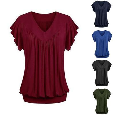 China 2022 Ladies Breathable Casual Loose V-Neck Wrinkled Solid Color Short Sleeve Top T-Shirt For Women for sale