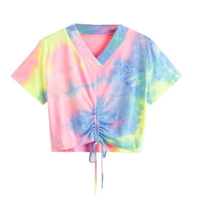 China New Design 2022 V-Neck Breathable Slim Tie Dye Short Sleeve Lace Up Crop T-Shirts For Women for sale
