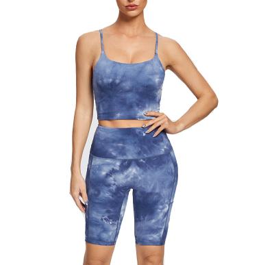 China Dropshipping Fashion Tie Dye Breathable Workout Clothing Women Gym Fitness Sets Backless Strap Yoga Sportswear Set 2 Pieces for sale