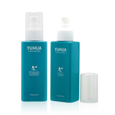 China Design 100ml plastic bottle square shape blue color design with white spray pump color cistomzed for sale