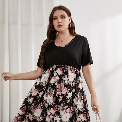 China New Plus Size Women V-Neckline Breathable Church Floral Printed Maxi Dresses High-waist Long Dress for sale