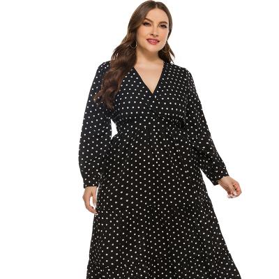 China Wholesale Xl-5xl Plus Size Sweet Loose V-Neck Plus Size Women's Long Sleeve Polka Dot Dress for sale
