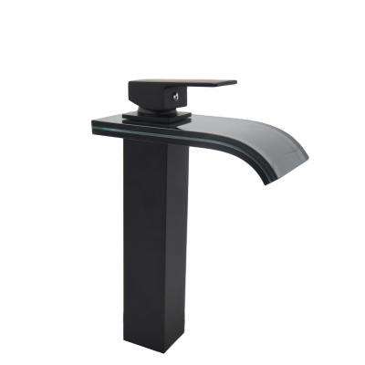 China Newest Selling Waterfall Faucets Hotel Bathroom Basin Faucet Black Art Home Glass Waterfall Faucet zu verkaufen
