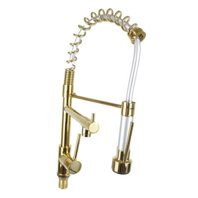 China Modern Deck Mounted Single Handle Gold Pull Down Spring Single Hole Kitchen Sink Faucet Hot Water Mixer Tap Te koop