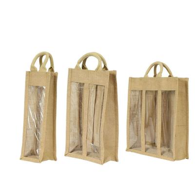 China Fashion natural gift pouch promotional single transparent window jute wine bag jute bag with a wine bottle holder for sale