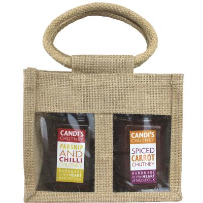 China Fashion wholesale reusable grocery shopping tote window jute bag 2 bottle jar packaging jute bags for sale
