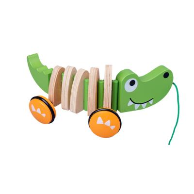 China Wooden Cartoon Animals Dog Crocodile Along String Pull Walking Animal Toy for sale