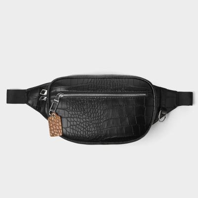 China Custom Vegan Waterproof Croc Leather Men's Fanny Pack Pouch Bumbag Black Belt Waist Bag For Men for sale