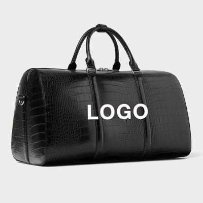 China Custom Logo Black Croc Leather Luxury Men's Travel Duffle Outdoor Weekender Bag Black Leather Weekender Bag For Men for sale