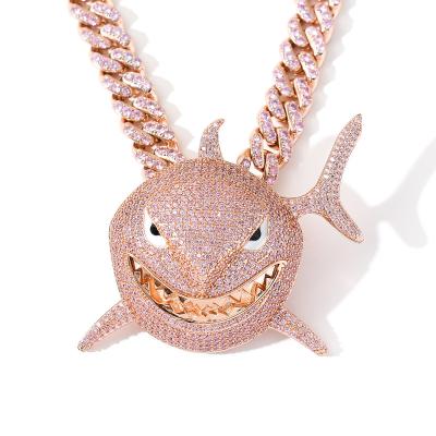 China Hot Selling Hiphop 2021 VVS Rose Diamond Bling Cuban Link Chain With Shark Pendant Necklace for sale