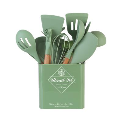 China Sustainable 13 Pieces In 1 Set Kitchen Gadgets Tools Rack Kitchenware Spatula Silicone Cookware Set With Wooden Handles for sale