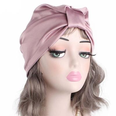 China Custom 100% Plush Silk Elastic Plain Satin Hood Night Sleep Multiclor Knotted Satin Turban Sleep Cap For Women Head Cover for sale