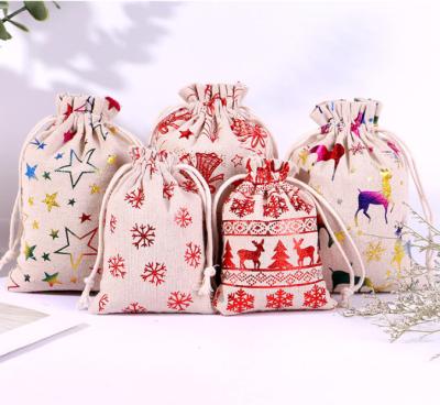 China Custom Reusable Hot Sale Stock Logo Printing Christmas Gift Storage Drawstring Tote Jute Burlap Linen Shopping Bag With Double Strings for sale