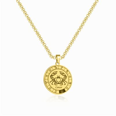 China FASHIONABLE Fast Delivery Horoscope Jewelry Stainless Steel 18K Gold Plating Gold Laser Print Circle Horoscope Necklace for sale