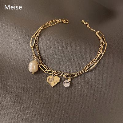 China Other Yiwu Coqi YY599 Yiwu Coqi YY599 Heart Zircon Gold Chain Multilayer Charm Freshwater Pearl Paperclip Pendant Bracelet for sale