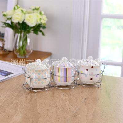 China Sustainable Wholesale Kitchen Supplies Ceramic Different Printing Three Piece Seasoning Jar With Lid for sale