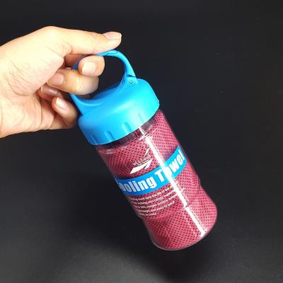China Promo Gift Summer Beach Vacation Quick Cooling Hot Sports Wiping Sweat Cooling Towel With Storage Bottle for sale