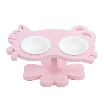 China Handmade Cat shape Pet Food Bowl stand pink color for Cats for sale