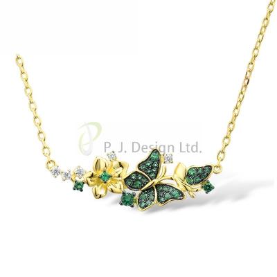 China Fashion Factory Wholesale Green Butterfly Sterling Silver w/ Yellow Black Plating Necklace Green Spinel White CZ for present for sale